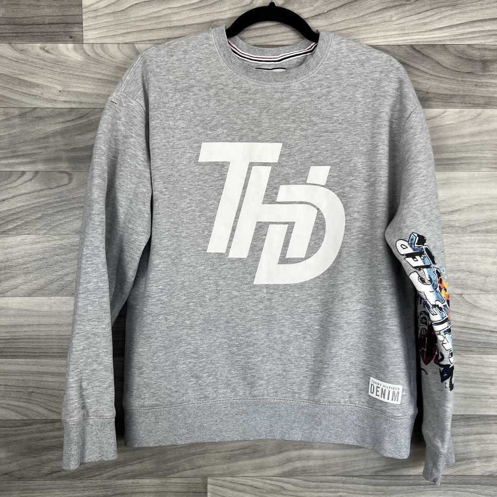 Tommy Hilfiger Denim Sweatshirt Mens S Gray Activewear Lounge Graffiti Print